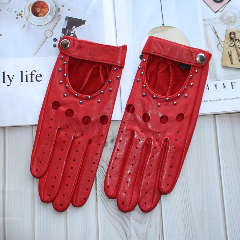 Women Fashion New Hollow Breathable High-Quality Goatskin Genuine Leather Outdoor Cycling Colorful Gloves Spring and Autumn
