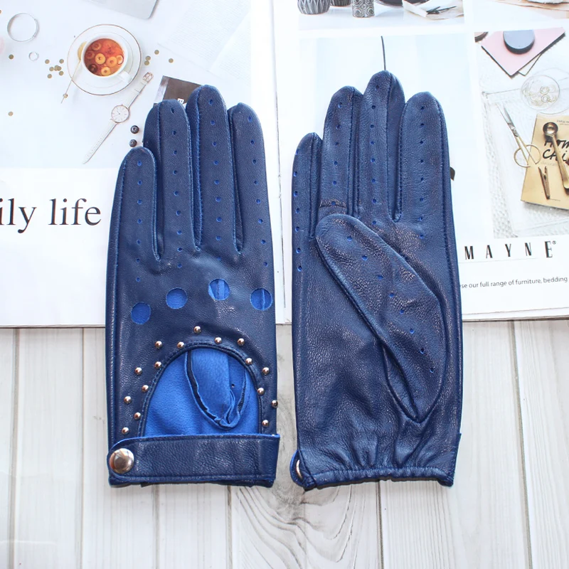 Women Fashion New Hollow Breathable High-Quality Goatskin Genuine Leather Outdoor Cycling Colorful Gloves Spring and Autumn