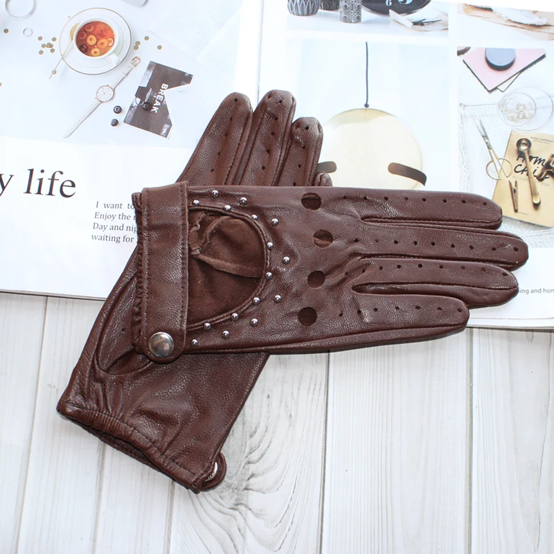 Women Fashion New Hollow Breathable High-Quality Goatskin Genuine Leather Outdoor Cycling Colorful Gloves Spring and Autumn