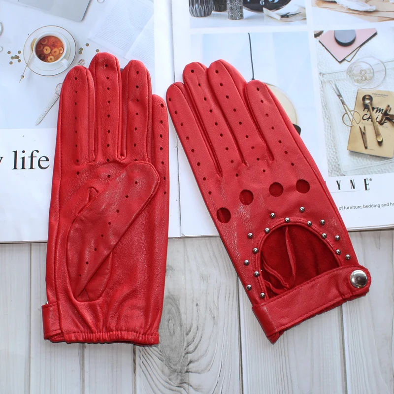 Women Fashion New Hollow Breathable High-Quality Goatskin Genuine Leather Outdoor Cycling Colorful Gloves Spring and Autumn