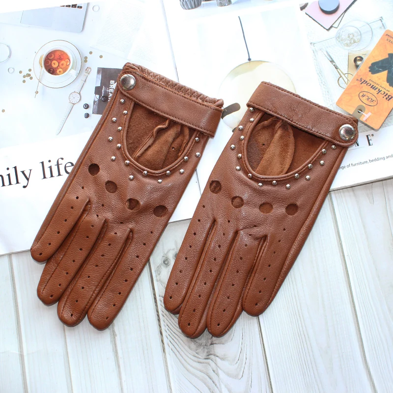 Women Fashion New Hollow Breathable High-Quality Goatskin Genuine Leather Outdoor Cycling Colorful Gloves Spring and Autumn