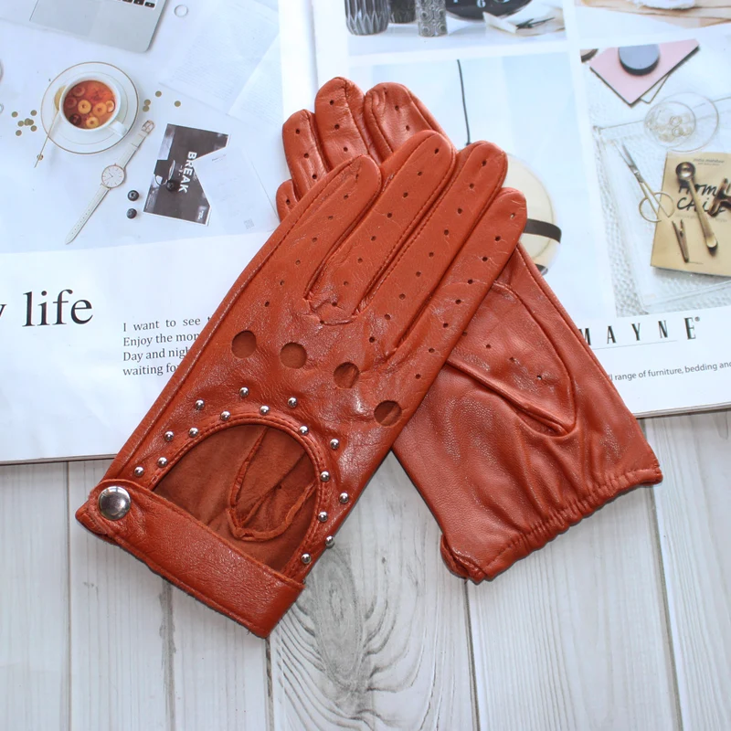 Women Fashion New Hollow Breathable High-Quality Goatskin Genuine Leather Outdoor Cycling Colorful Gloves Spring and Autumn