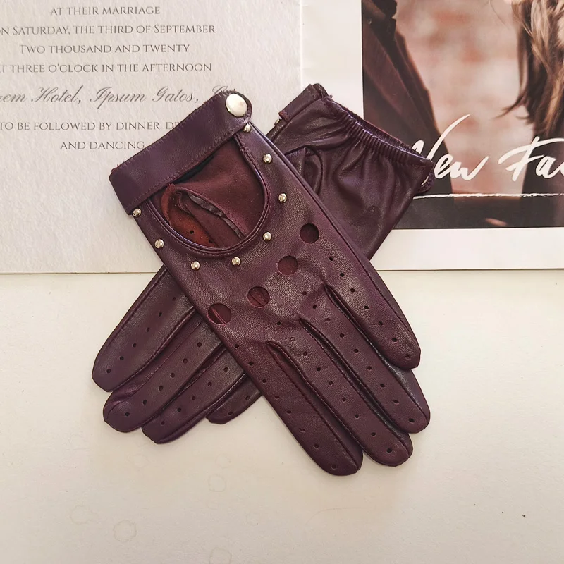 Women Fashion New Hollow Breathable High-Quality Goatskin Genuine Leather Outdoor Cycling Colorful Gloves Spring and Autumn