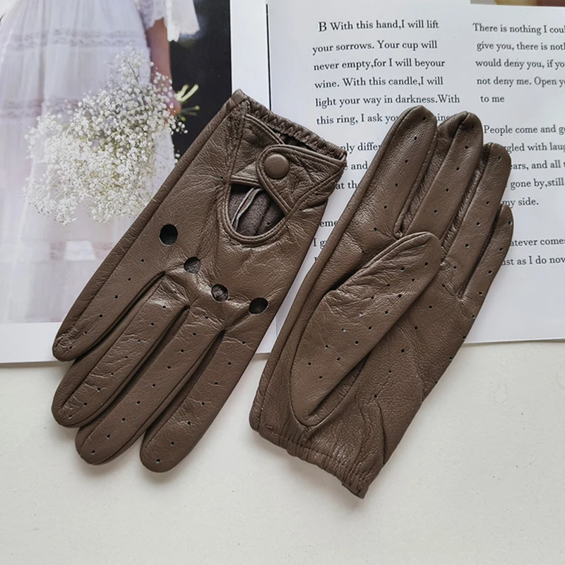 Women Fashion New Hollow Breathable High-Quality Goatskin Genuine Leather Outdoor Cycling Colorful Gloves Spring and Autumn