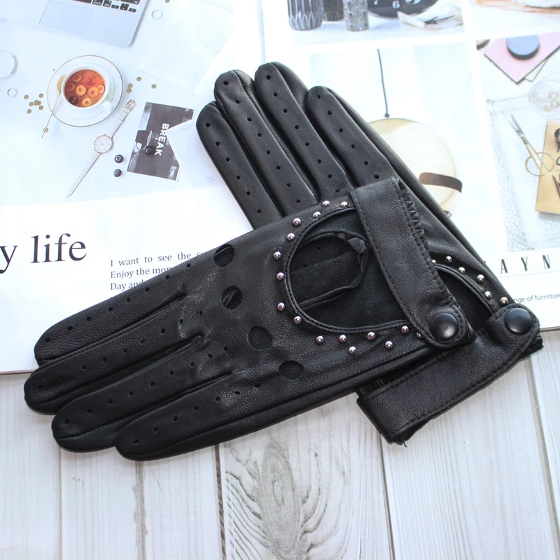 Women Fashion New Hollow Breathable High-Quality Goatskin Genuine Leather Outdoor Cycling Colorful Gloves Spring and Autumn