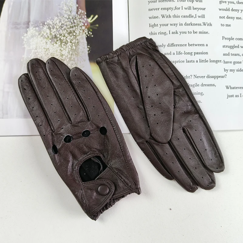 Women Fashion New Hollow Breathable High-Quality Goatskin Genuine Leather Outdoor Cycling Colorful Gloves Spring and Autumn