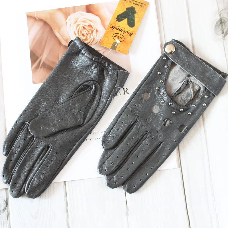 Women Fashion New Hollow Breathable High-Quality Goatskin Genuine Leather Outdoor Cycling Colorful Gloves Spring and Autumn