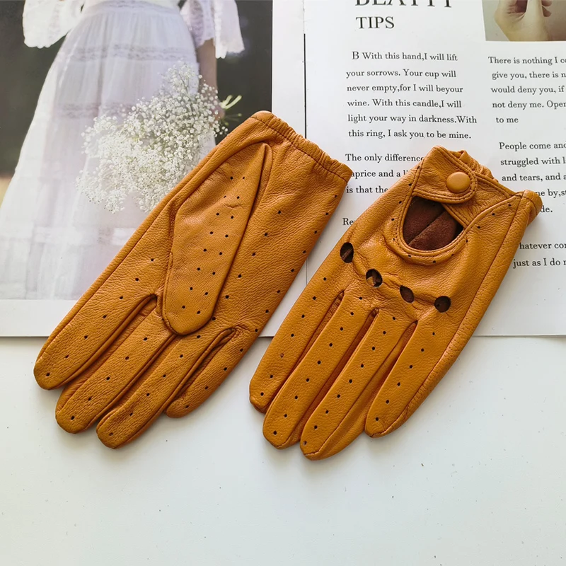 Women Fashion New Hollow Breathable High-Quality Goatskin Genuine Leather Outdoor Cycling Colorful Gloves Spring and Autumn