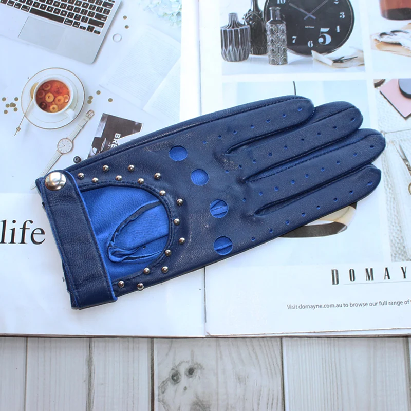 Women Fashion New Hollow Breathable High-Quality Goatskin Genuine Leather Outdoor Cycling Colorful Gloves Spring and Autumn