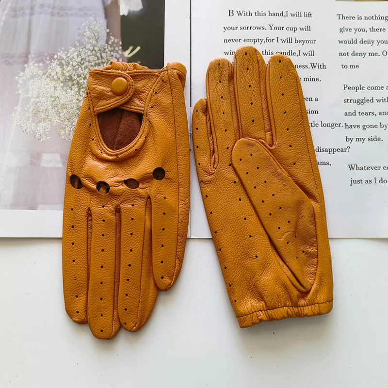 Women Fashion New Hollow Breathable High-Quality Goatskin Genuine Leather Outdoor Cycling Colorful Gloves Spring and Autumn