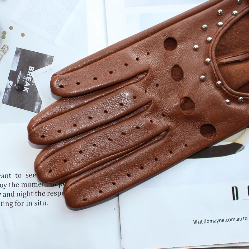 Women Fashion New Hollow Breathable High-Quality Goatskin Genuine Leather Outdoor Cycling Colorful Gloves Spring and Autumn