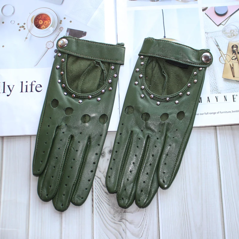 Women Fashion New Hollow Breathable High-Quality Goatskin Genuine Leather Outdoor Cycling Colorful Gloves Spring and Autumn