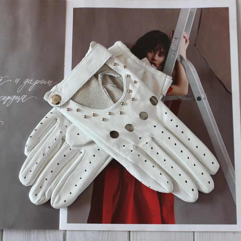 Women Fashion New Hollow Breathable High-Quality Goatskin Genuine Leather Outdoor Cycling Colorful Gloves Spring and Autumn