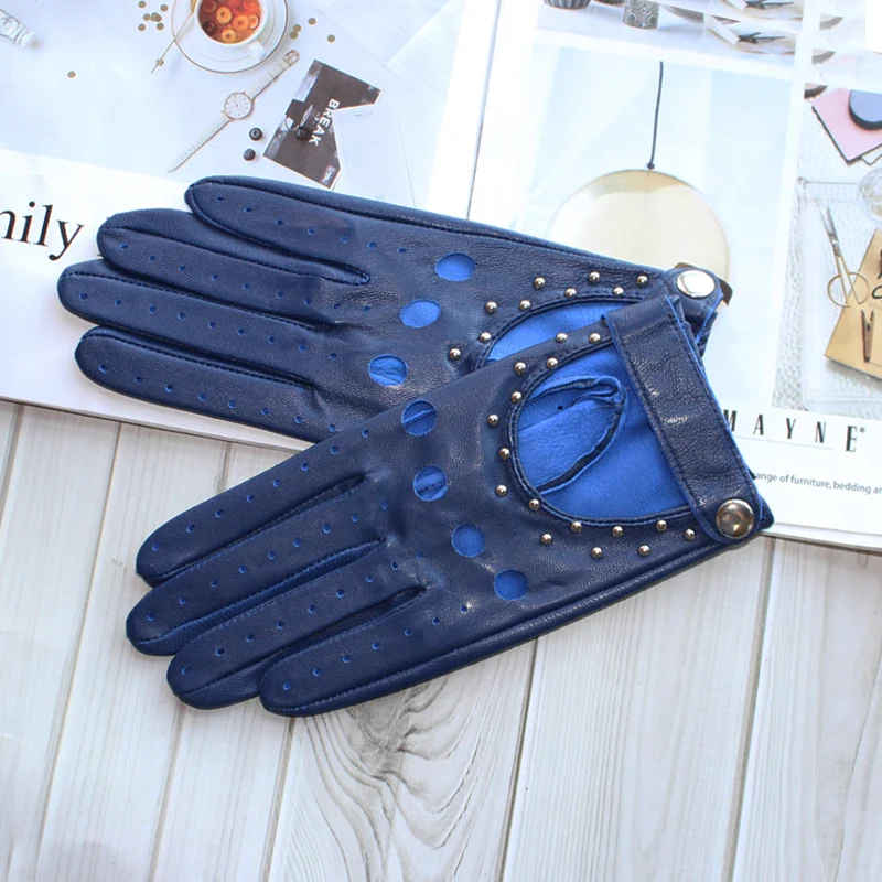Women Fashion New Hollow Breathable High-Quality Goatskin Genuine Leather Outdoor Cycling Colorful Gloves Spring and Autumn
