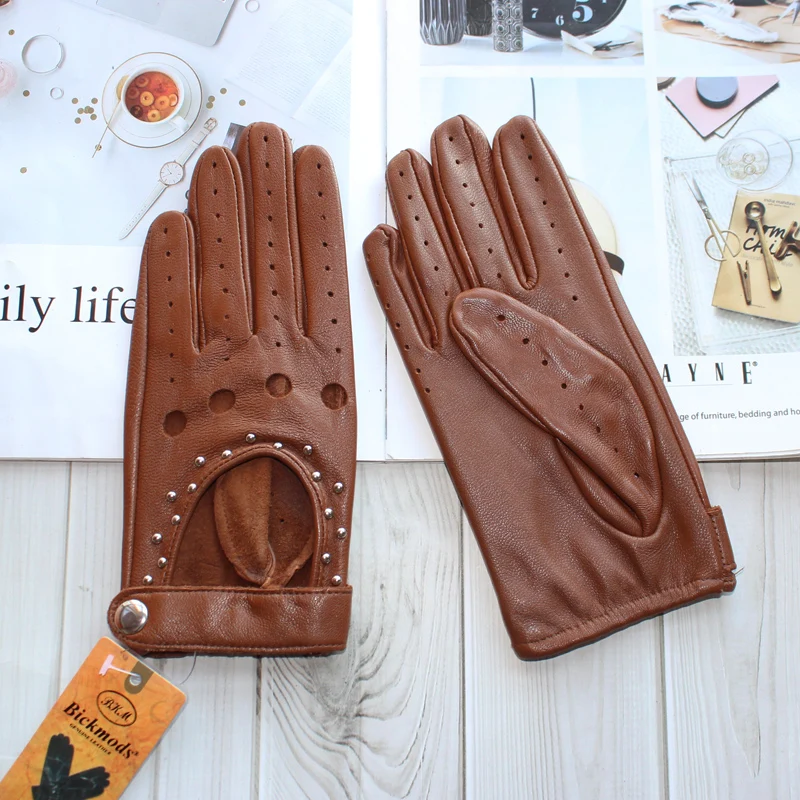 Women Fashion New Hollow Breathable High-Quality Goatskin Genuine Leather Outdoor Cycling Colorful Gloves Spring and Autumn