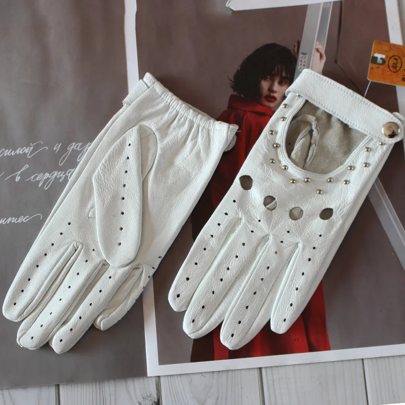Women Fashion New Hollow Breathable High-Quality Goatskin Genuine Leather Outdoor Cycling Colorful Gloves Spring and Autumn