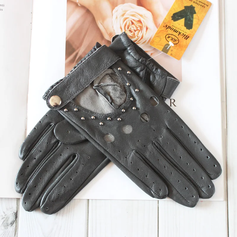 Women Fashion New Hollow Breathable High-Quality Goatskin Genuine Leather Outdoor Cycling Colorful Gloves Spring and Autumn