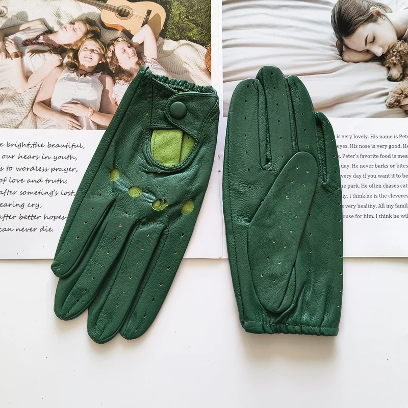 Women Fashion New Hollow Breathable High-Quality Goatskin Genuine Leather Outdoor Cycling Colorful Gloves Spring and Autumn