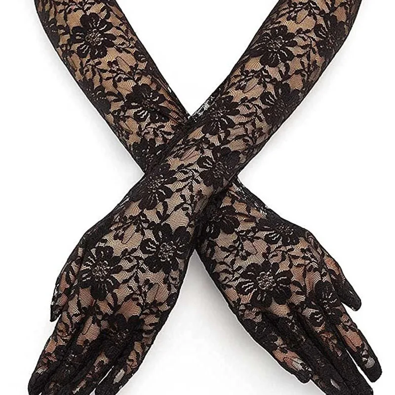 40cm Black White Y2 Cosplay Gloves Sexy Elasticity Transparent Lace Mesh Gloves Summer Fashion Elegant Women Long Driving Gloves