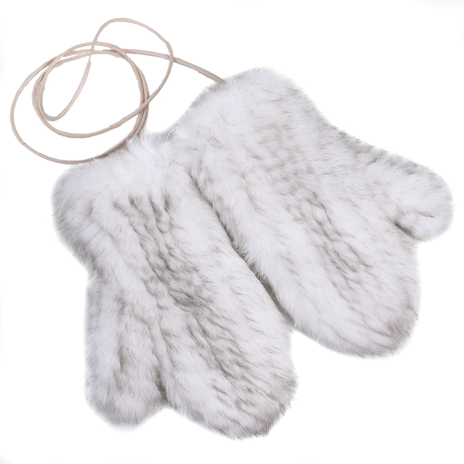 Luxury Women's Genuine Rabbit Fur Knitted Mittens-Soft Winter Cold Weather Gloves-Removable Rope String