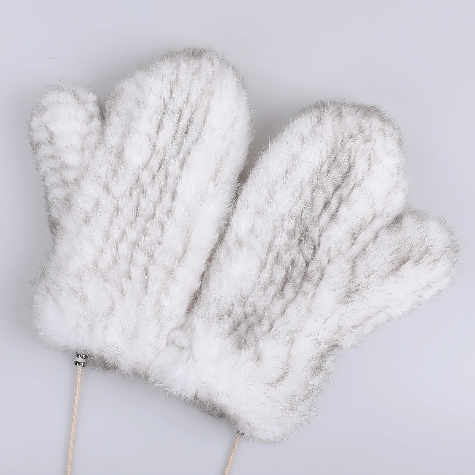 Luxury Women's Genuine Rabbit Fur Knitted Mittens-Soft Winter Cold Weather Gloves-Removable Rope String