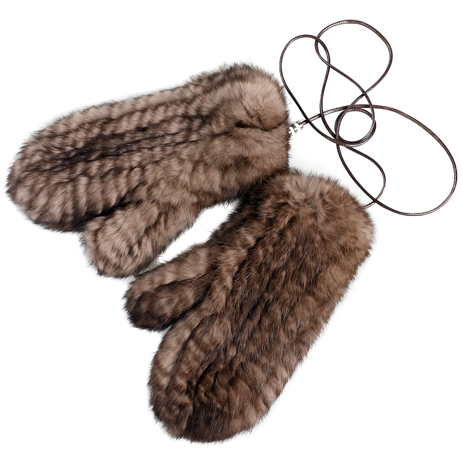 Luxury Women's Genuine Rabbit Fur Knitted Mittens-Soft Winter Cold Weather Gloves-Removable Rope String