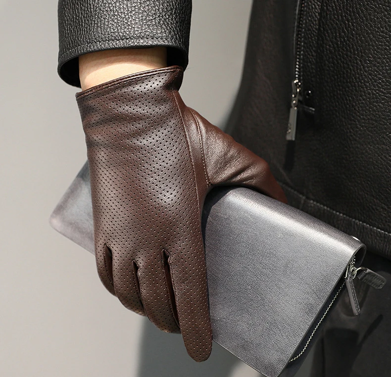 Men's Thin Genuine Leather Fit Gloves Male Breathable Soft Fashion Classic Goatskin Autumn Unlined touch screen Driving Gloves