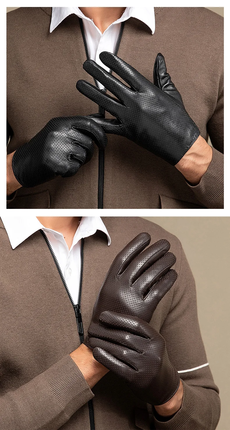 Men's Thin Genuine Leather Fit Gloves Male Breathable Soft Fashion Classic Goatskin Autumn Unlined touch screen Driving Gloves