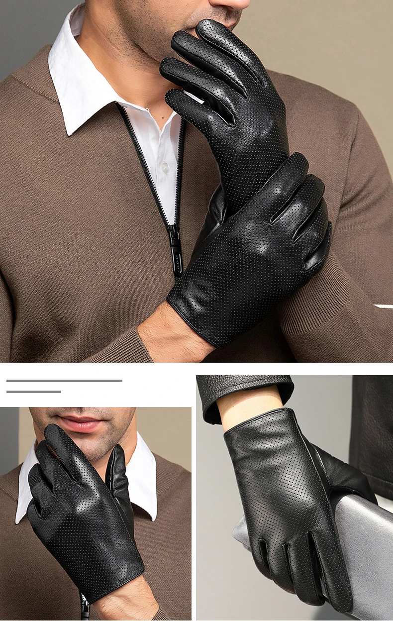 Men's Thin Genuine Leather Fit Gloves Male Breathable Soft Fashion Classic Goatskin Autumn Unlined touch screen Driving Gloves