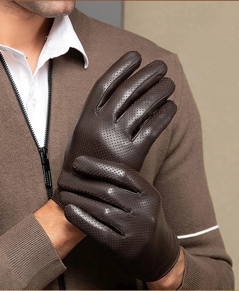 Men's Thin Genuine Leather Fit Gloves Male Breathable Soft Fashion Classic Goatskin Autumn Unlined touch screen Driving Gloves