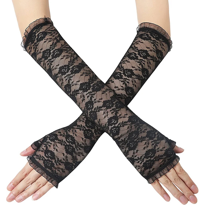 Long Lace Hollow-Out Fingerless Gloves Sun Protection Sleeves Mesh Lace Thin Cycling Sexy Accessories Black Bare Finger Gloves