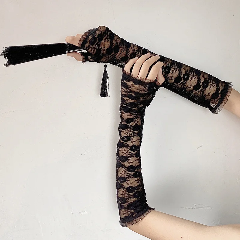Long Lace Hollow-Out Fingerless Gloves Sun Protection Sleeves Mesh Lace Thin Cycling Sexy Accessories Black Bare Finger Gloves