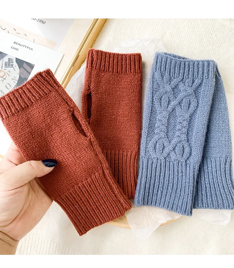 Women Stylish Hand Warmer Winter Gloves Arm Crochet Knitting Mitten Warm Fingerless Glove Twist Pattern Half Finger Gloves