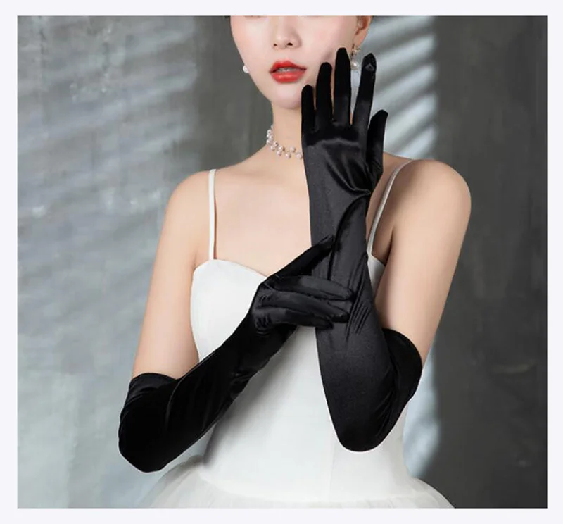 Korean Women Christmas White Wedding Dress Long Satin Elastic Etiquette Gloves Summer Sunscreen UV Full Finger Driving Glove K14