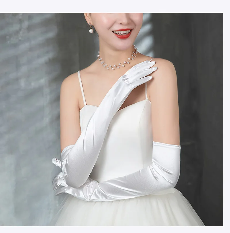 Korean Women Christmas White Wedding Dress Long Satin Elastic Etiquette Gloves Summer Sunscreen UV Full Finger Driving Glove K14