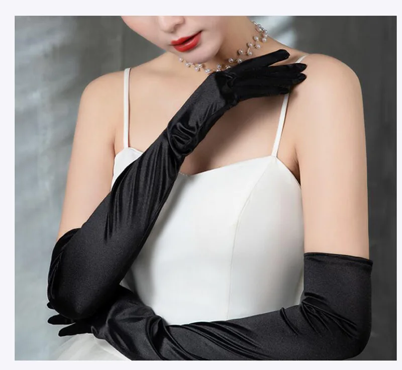 Korean Women Christmas White Wedding Dress Long Satin Elastic Etiquette Gloves Summer Sunscreen UV Full Finger Driving Glove K14