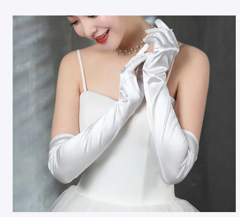 Korean Women Christmas White Wedding Dress Long Satin Elastic Etiquette Gloves Summer Sunscreen UV Full Finger Driving Glove K14
