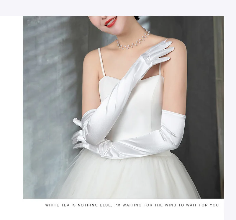 Korean Women Christmas White Wedding Dress Long Satin Elastic Etiquette Gloves Summer Sunscreen UV Full Finger Driving Glove K14