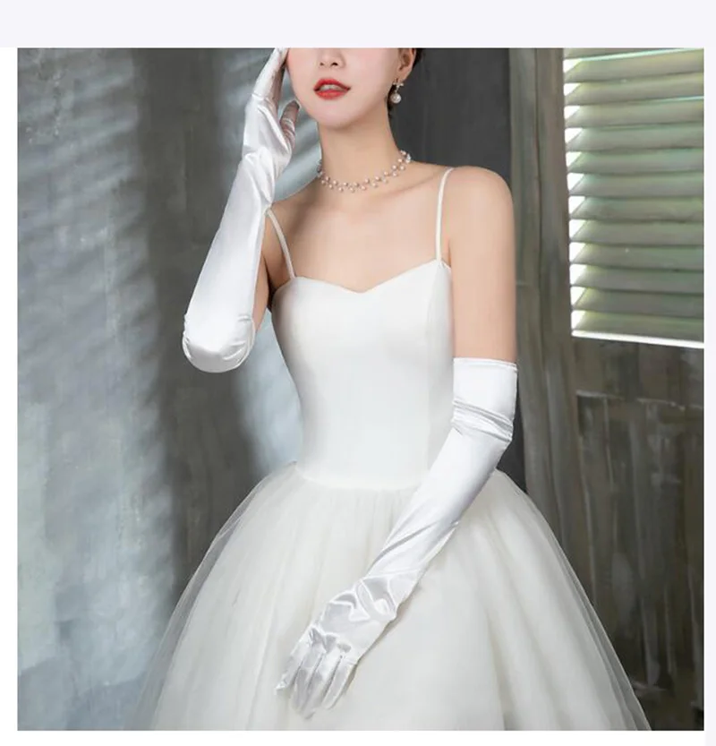 Korean Women Christmas White Wedding Dress Long Satin Elastic Etiquette Gloves Summer Sunscreen UV Full Finger Driving Glove K14