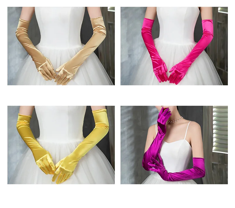 Korean Women Christmas White Wedding Dress Long Satin Elastic Etiquette Gloves Summer Sunscreen UV Full Finger Driving Glove K14