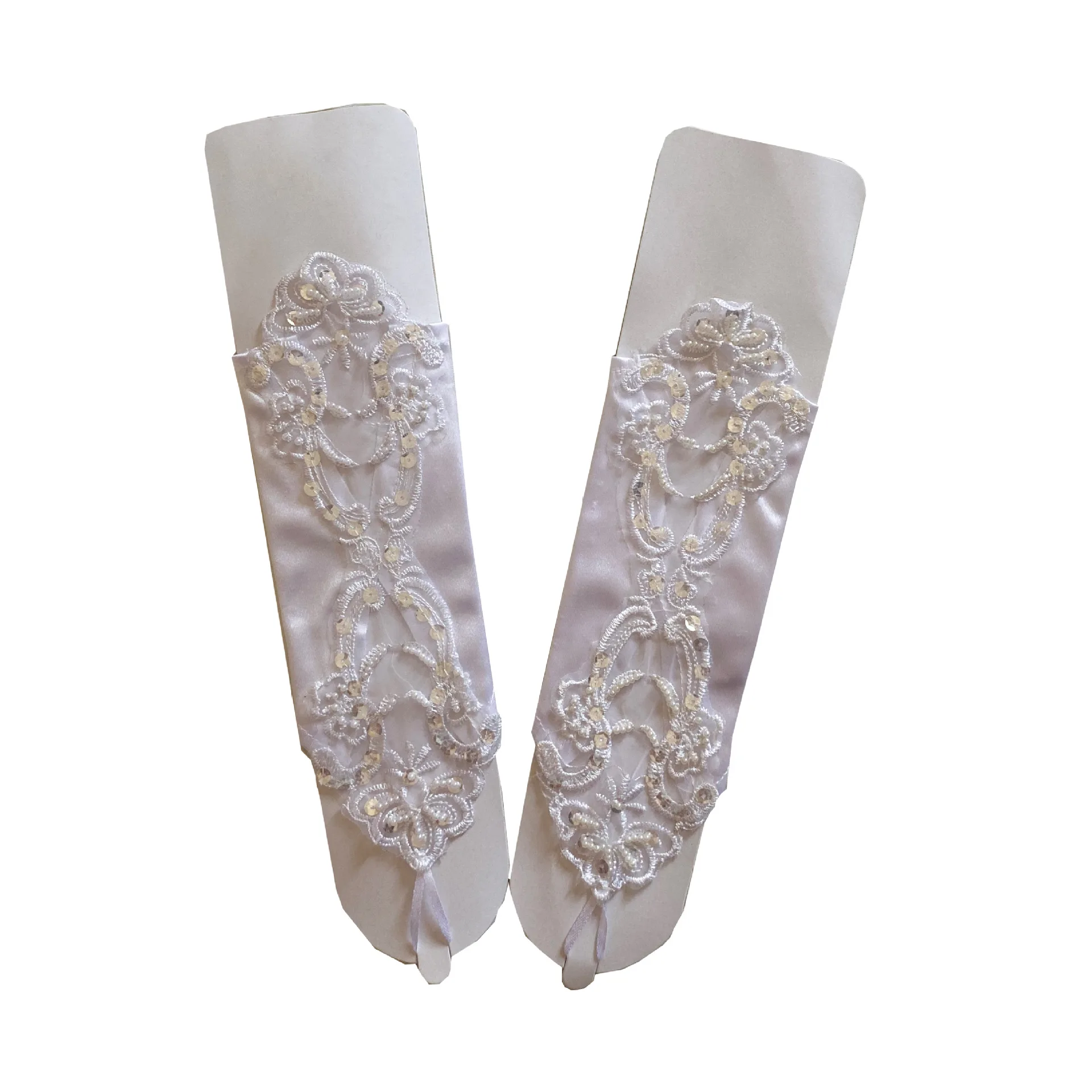 Sexy Women Satin Sequin Seam Pearl Lace Hook Finger Glove Female Retro Bride Hollowing Out Wedding Dress Fingerless Mitten B96