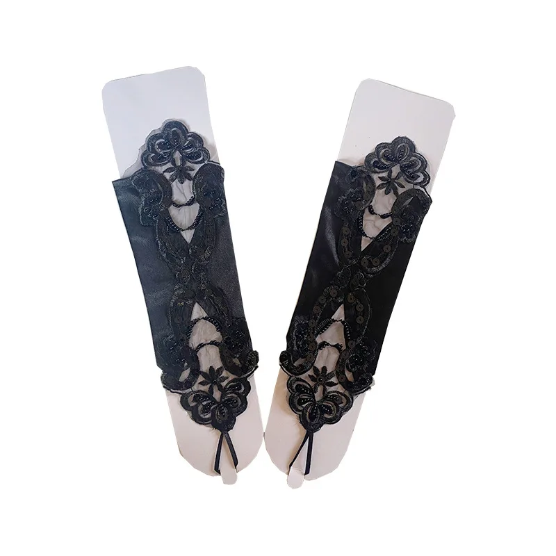 Sexy Women Satin Sequin Seam Pearl Lace Hook Finger Glove Female Retro Bride Hollowing Out Wedding Dress Fingerless Mitten B96