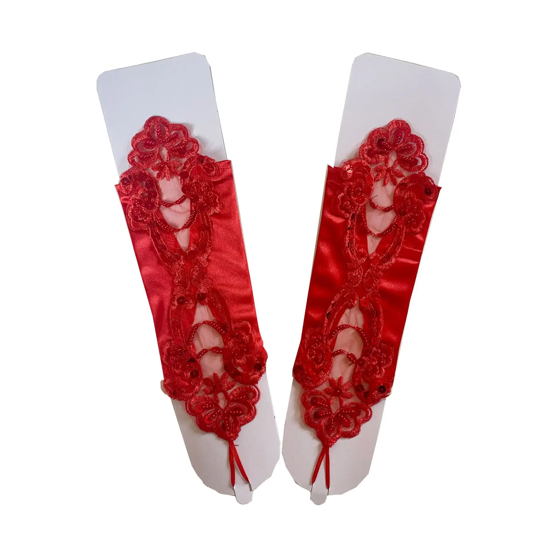 Sexy Women Satin Sequin Seam Pearl Lace Hook Finger Glove Female Retro Bride Hollowing Out Wedding Dress Fingerless Mitten B96