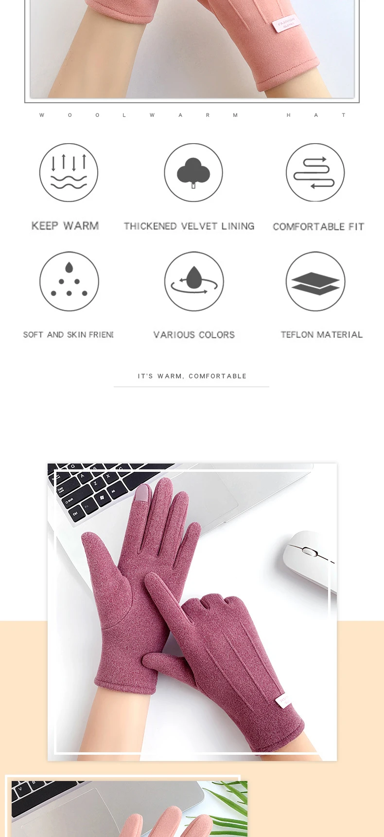 Simple Fashion Gloves Women Winter Vintage Full Finger Touch Screen Driving Cycling Warm Windproof Female Glove Mittens G060