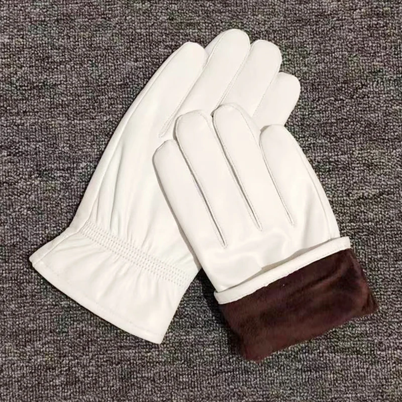 Fashion Quality Genuine Leather White Gloves For Man Solid Wrist Full Finger Lambskin Mittens Warm Winter Windproof Driving