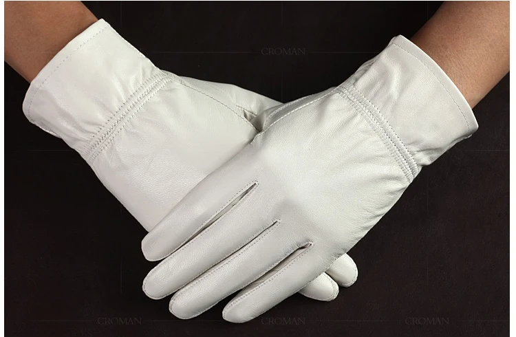 Fashion Quality Genuine Leather White Gloves For Man Solid Wrist Full Finger Lambskin Mittens Warm Winter Windproof Driving