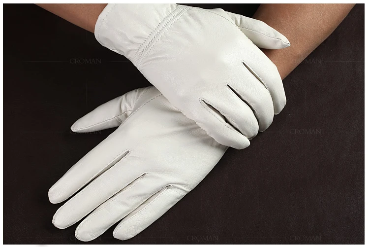 Fashion Quality Genuine Leather White Gloves For Man Solid Wrist Full Finger Lambskin Mittens Warm Winter Windproof Driving
