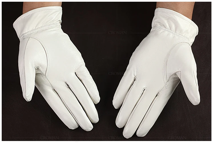 Fashion Quality Genuine Leather White Gloves For Man Solid Wrist Full Finger Lambskin Mittens Warm Winter Windproof Driving