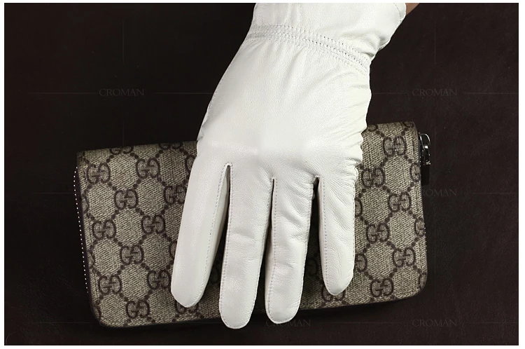 Fashion Quality Genuine Leather White Gloves For Man Solid Wrist Full Finger Lambskin Mittens Warm Winter Windproof Driving
