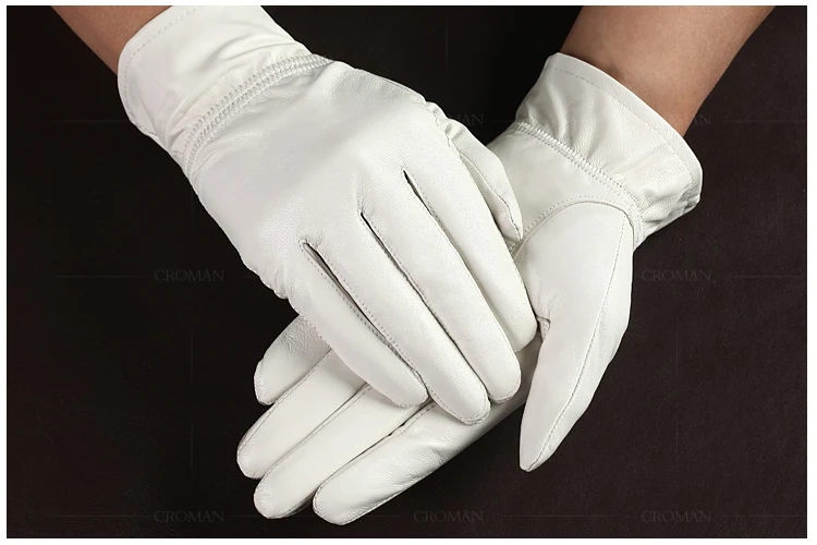 Fashion Quality Genuine Leather White Gloves For Man Solid Wrist Full Finger Lambskin Mittens Warm Winter Windproof Driving
